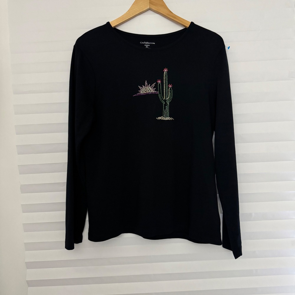 Croft & Barrow Womens XL Black Pima Cotton Rhinestone‎ Cactus Western Tee